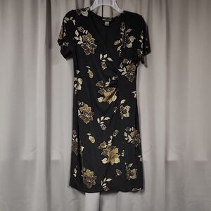 Chic Black and Gold Floral Midi Dress